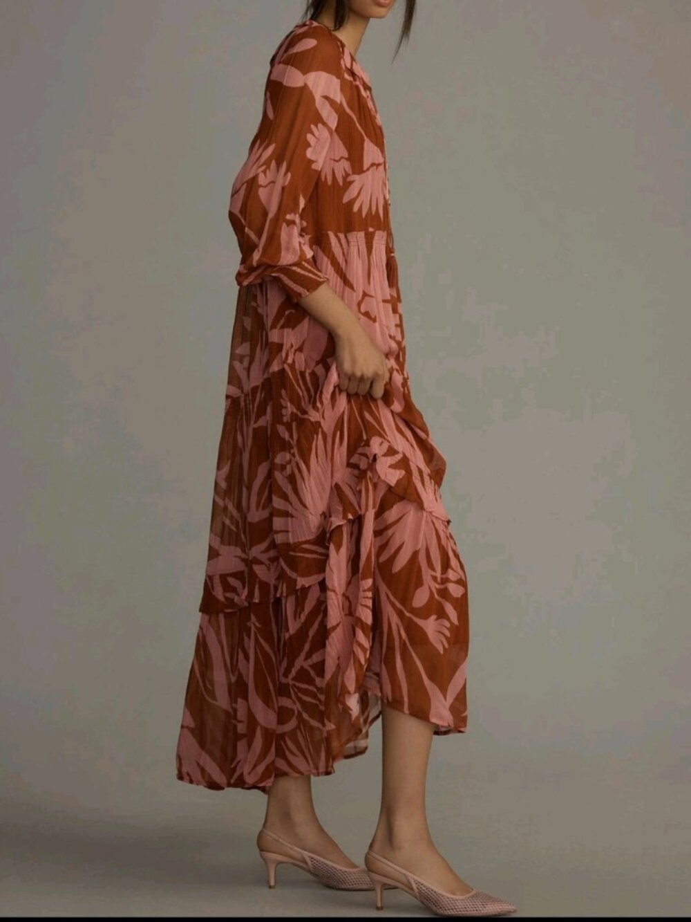 Anthropologie Marais Printed Chiffon Maxi Dress XL Pink Orange Boho Tiered Flow - Picture 7 of 15